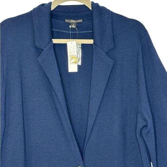 J Crew Navy Blue Double Breasted Gold Button Sweater Blazer | L - Picture 2 of 11